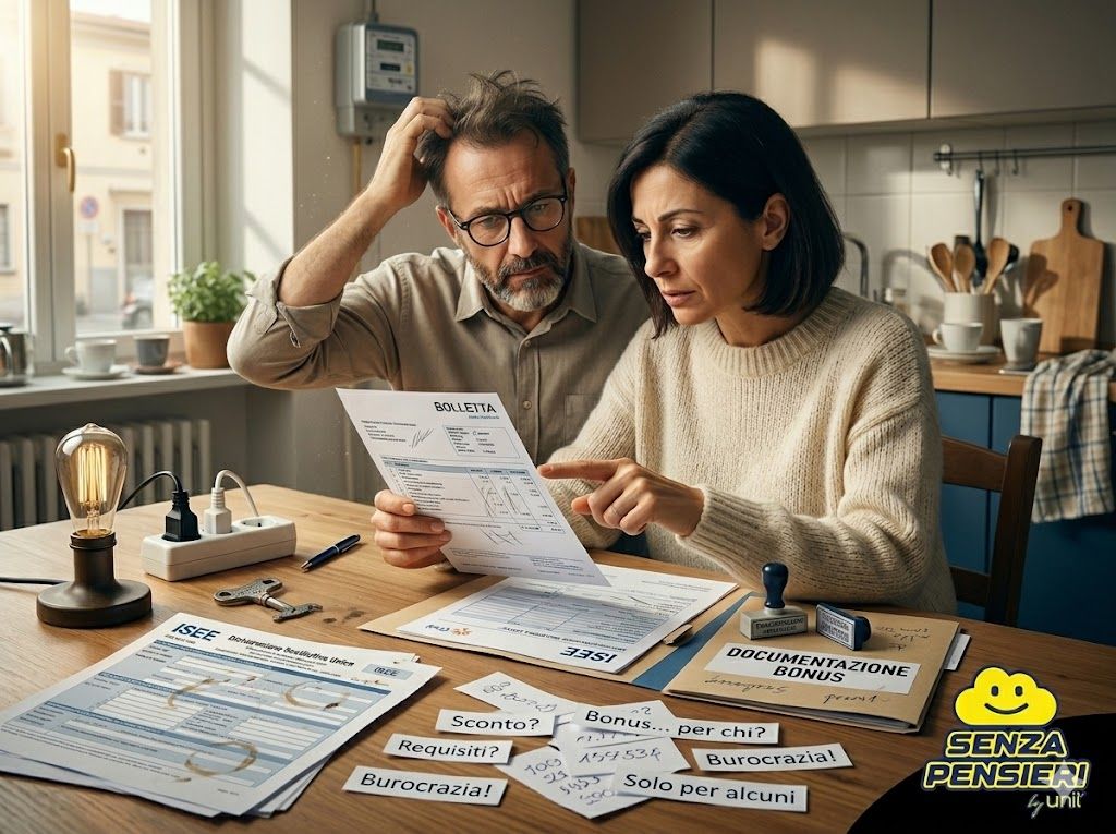 Persona che controlla una bolletta elettrica e documenti ISEE per capire il bonus bollette 2026
