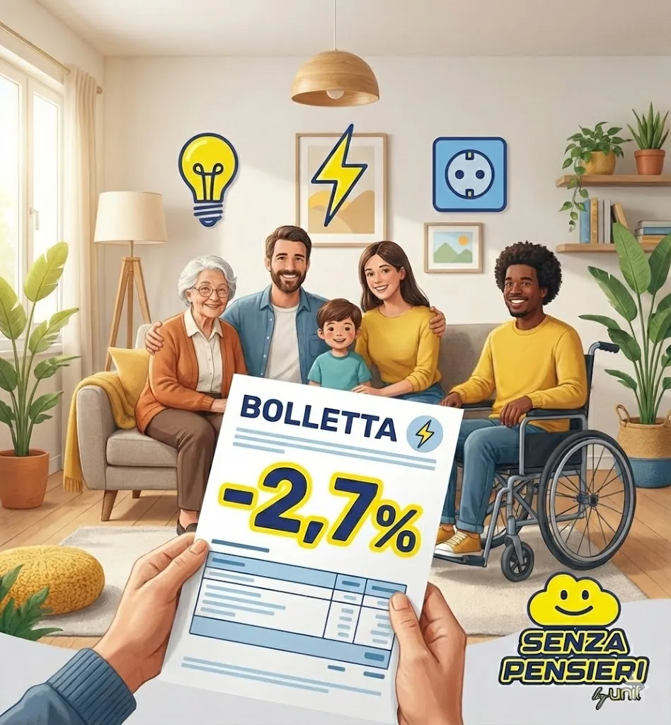 Famiglia, anziano e persona con disabilità sorridenti in salotto moderno, bolletta luce con segno -2,7%, simboli di energia, colori blu e giallo, logo Senza Pensieri.