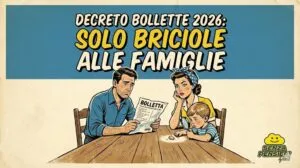 Famiglia italiana seduta a tavola con solo briciole di pane e una bolletta, simbolo degli aiuti minimi del Decreto Bollette 2026