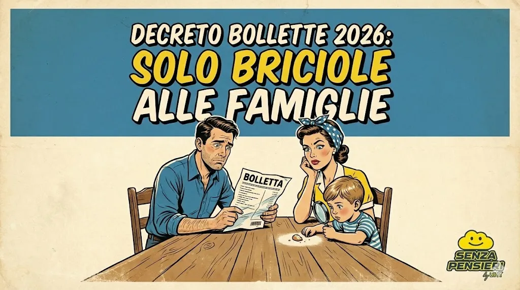 Famiglia italiana seduta a tavola con solo briciole di pane e una bolletta, simbolo degli aiuti minimi del Decreto Bollette 2026